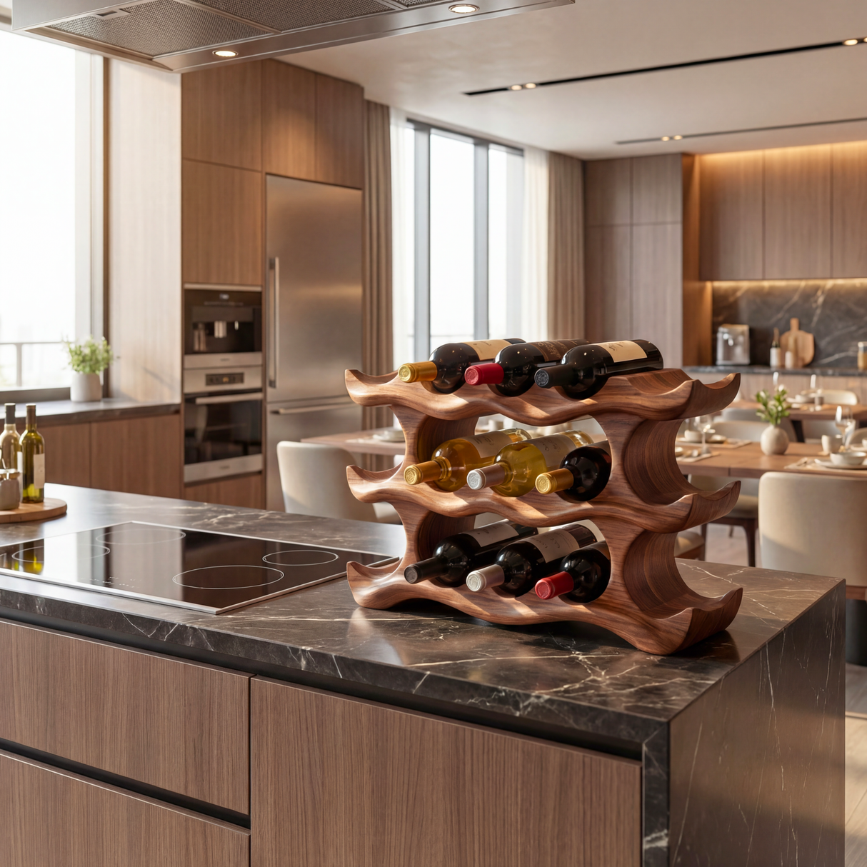Layered Wave Sculptural Solid Wood Wine Rack Horizontal Bottle Holder for Tabletop Storage