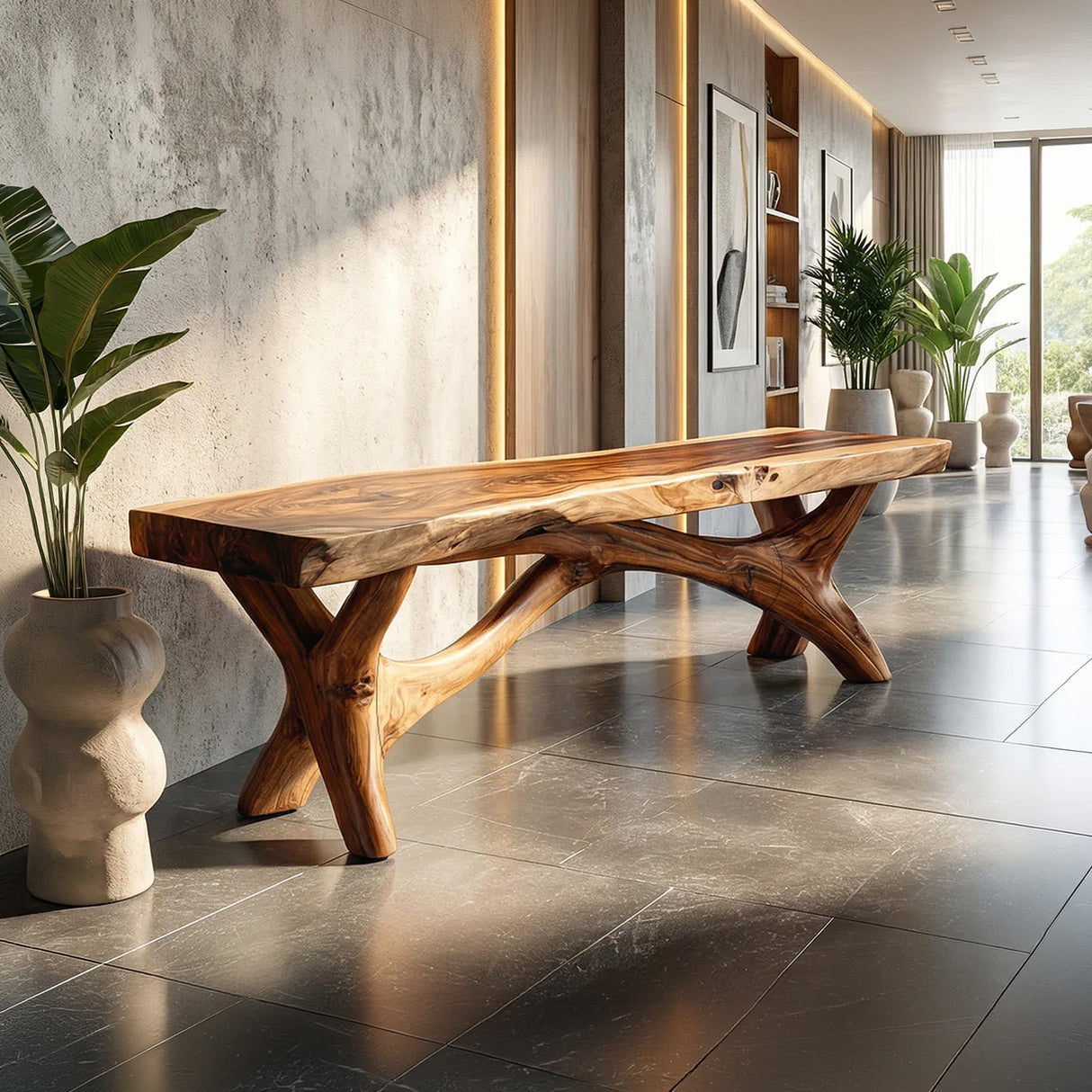 Sculptural Solid Wood Bench with Organic Base for Modern Interiors