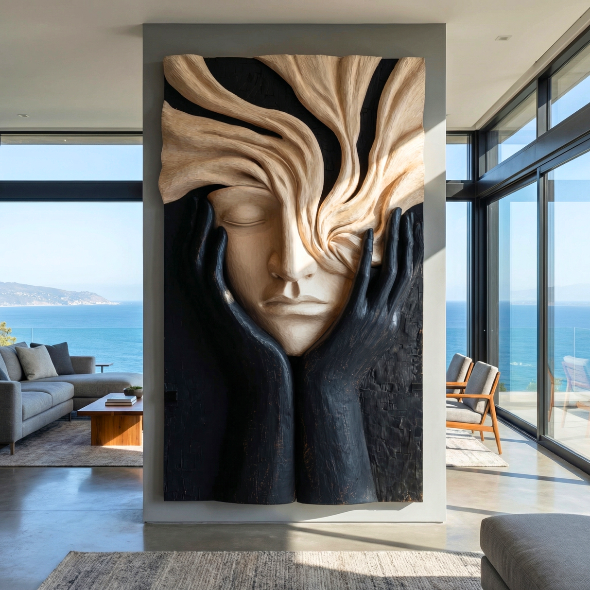 Handcrafted Solid Wood Face Wall Sculpture with Flowing Grain Hair and Black Relief Hands