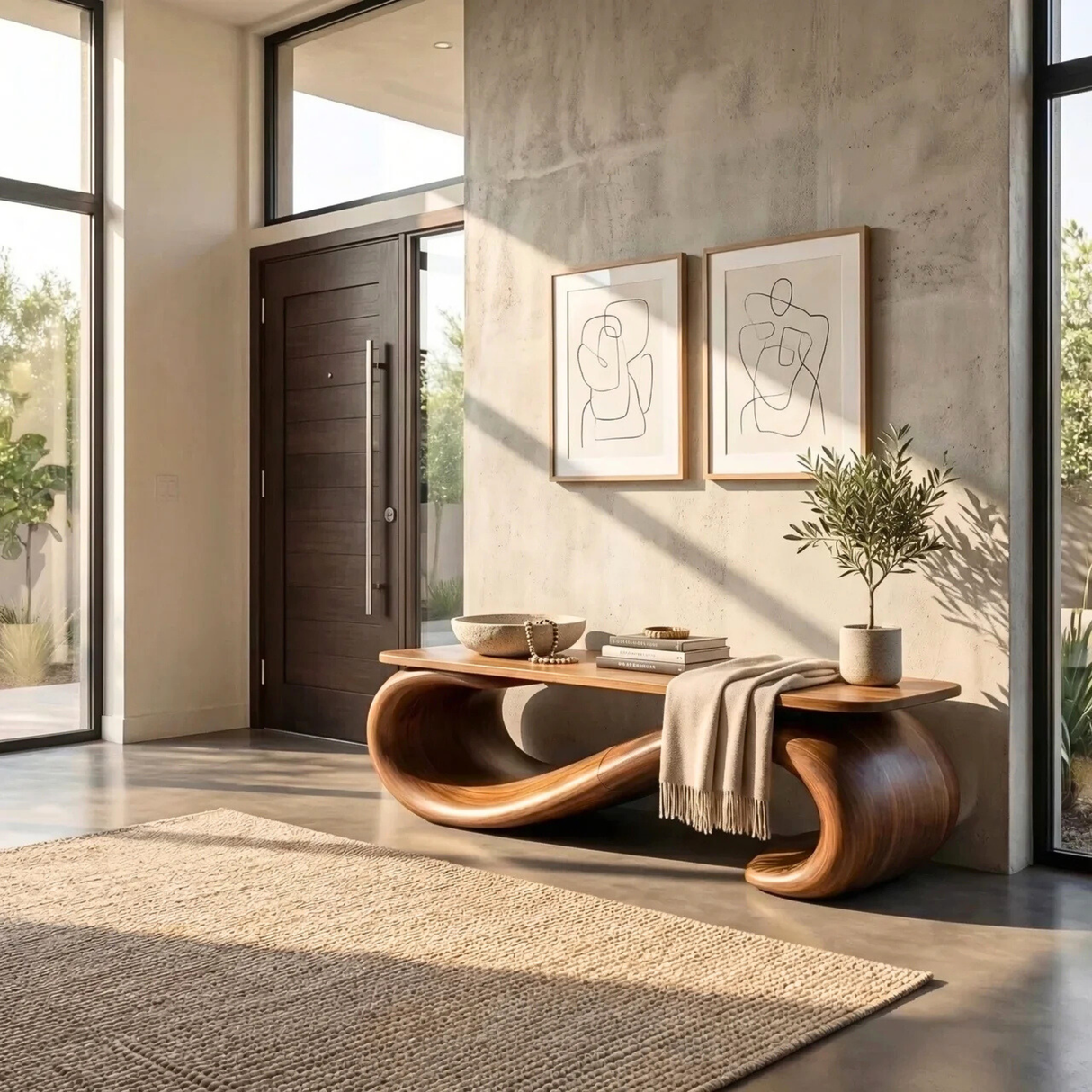 Organic Wood Bench with Sculptural Loop Base for Modern Interiors