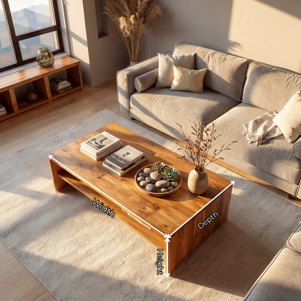 Solid Wood Rectangular Coffee Table with Open Shelf Storage