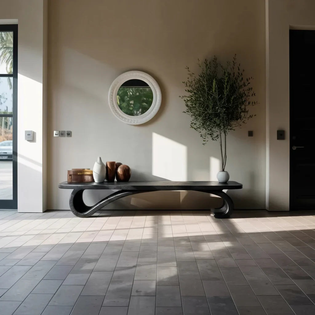 Organic Solid Wood Console Bench with S-Curve Base for Modern Home