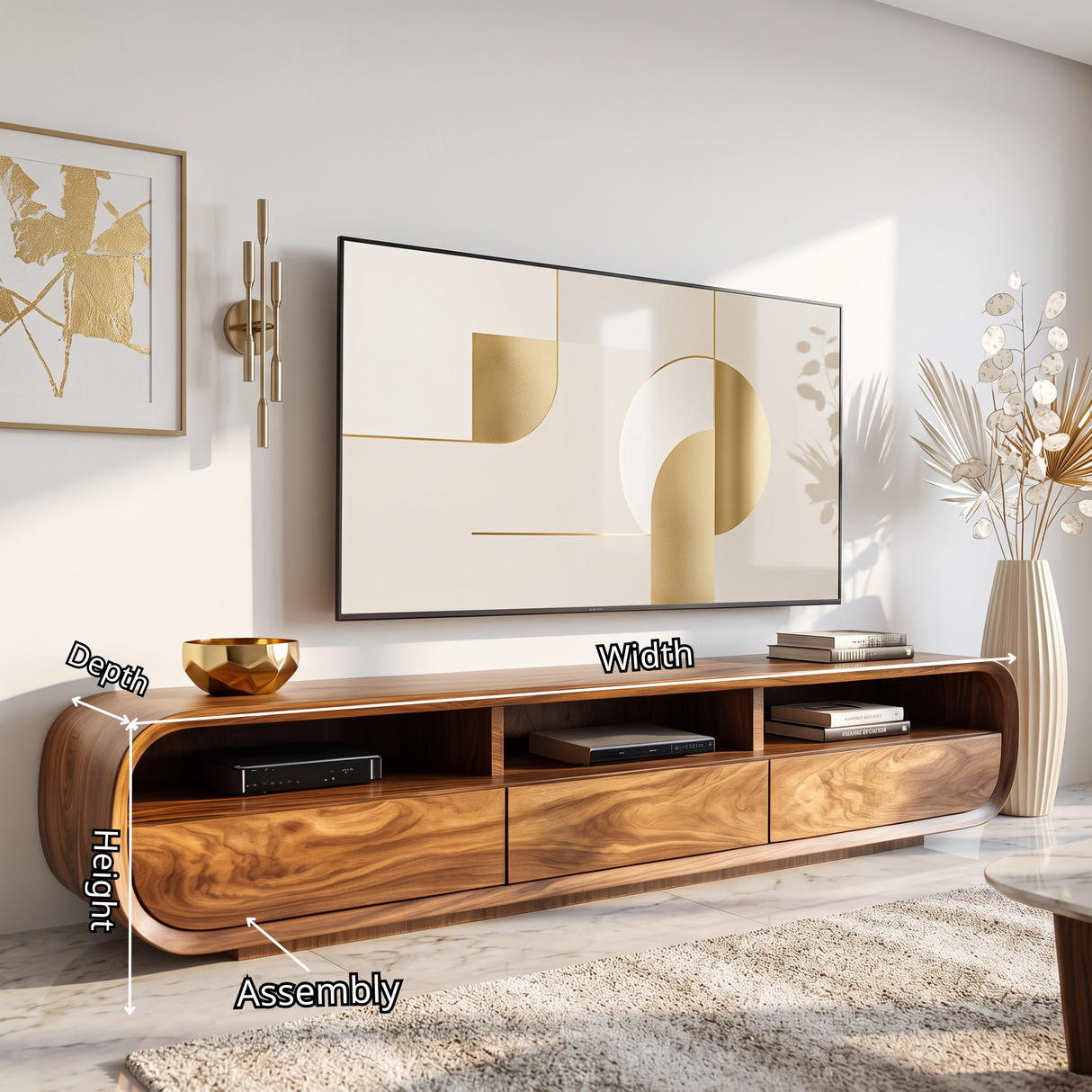 Solid Wood Entertainment Unit Curved Storage Media Console Organic Modern TV Cabinet