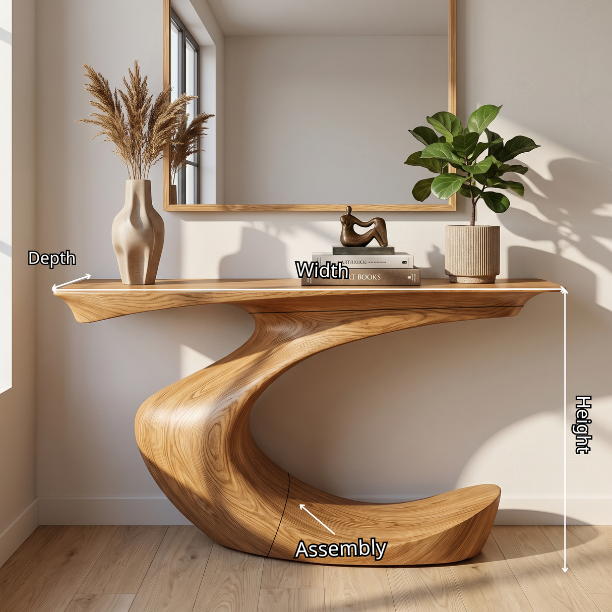 Console Table Solid Wood with Sculptural Crescent Curve Base