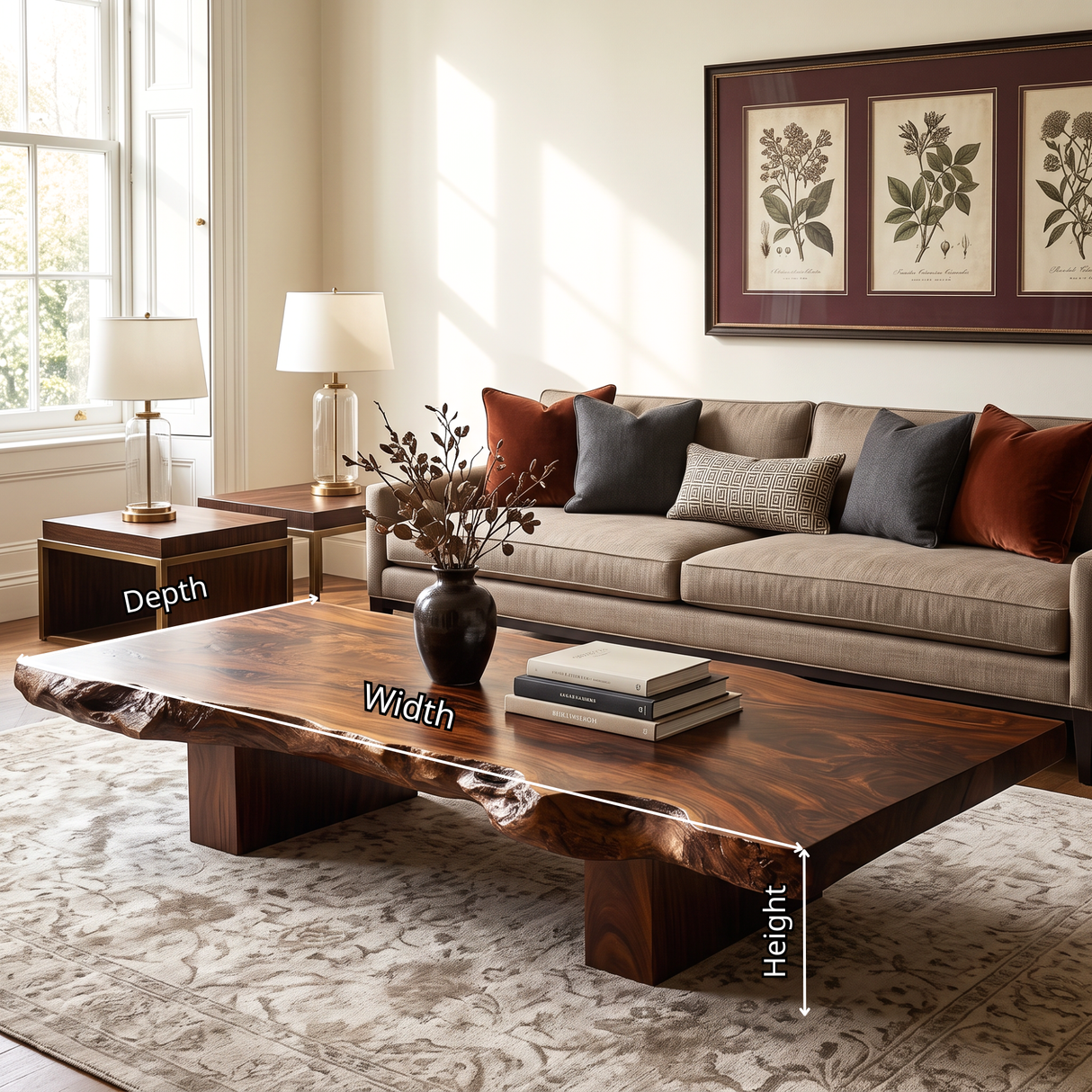 Coffee Table Solid Wood with Organic Live Edge and Block Base for Living Room