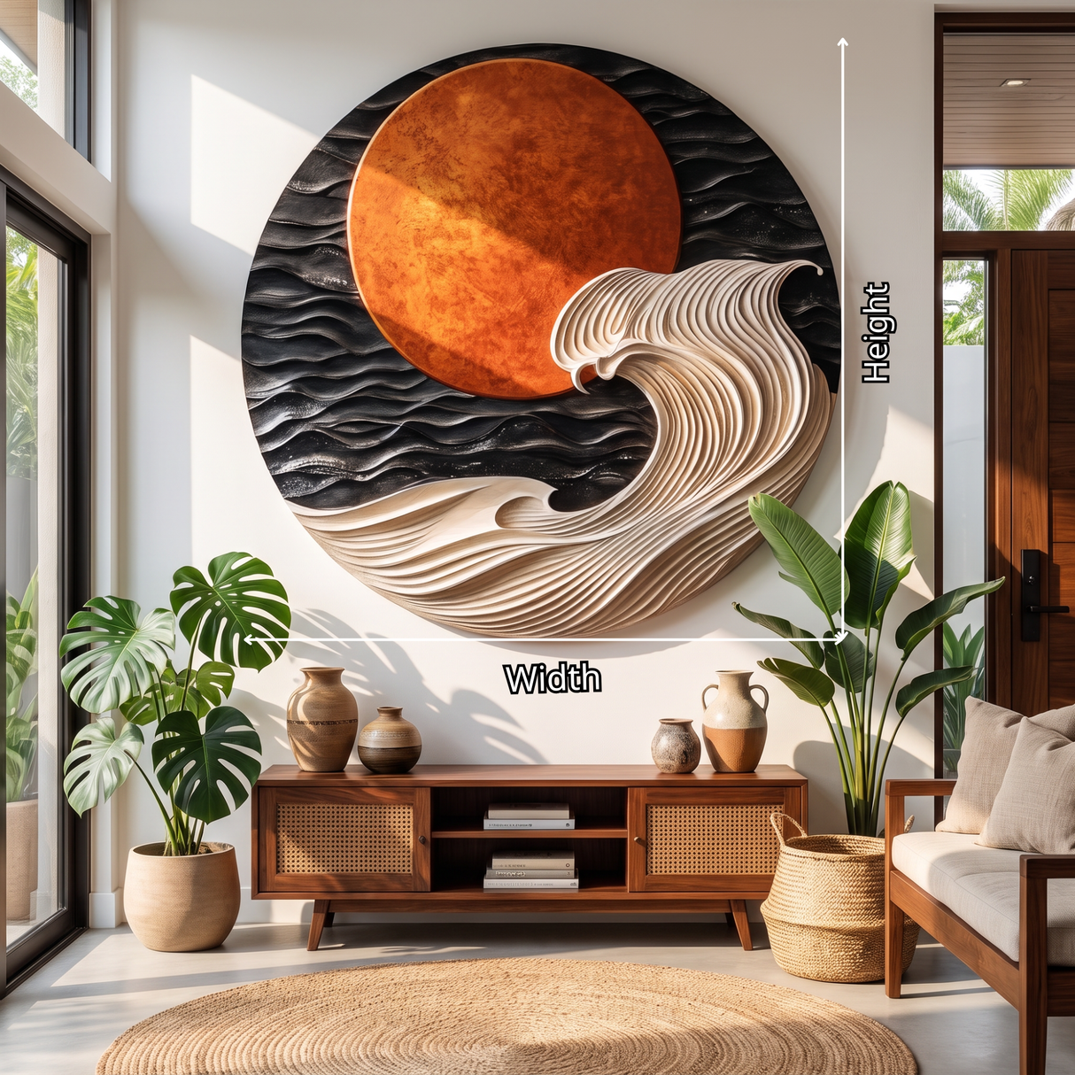 Round Wall Art Solid Wood with Layered Ocean Wave and Sunset Design for Home Decor