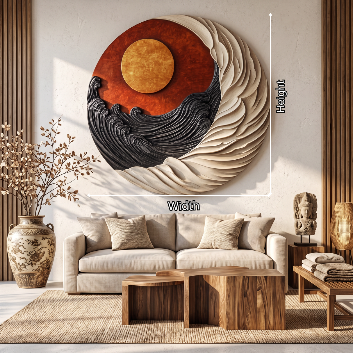Round Wall Art Solid Wood with Sculptural Dual Wave and Sun Design