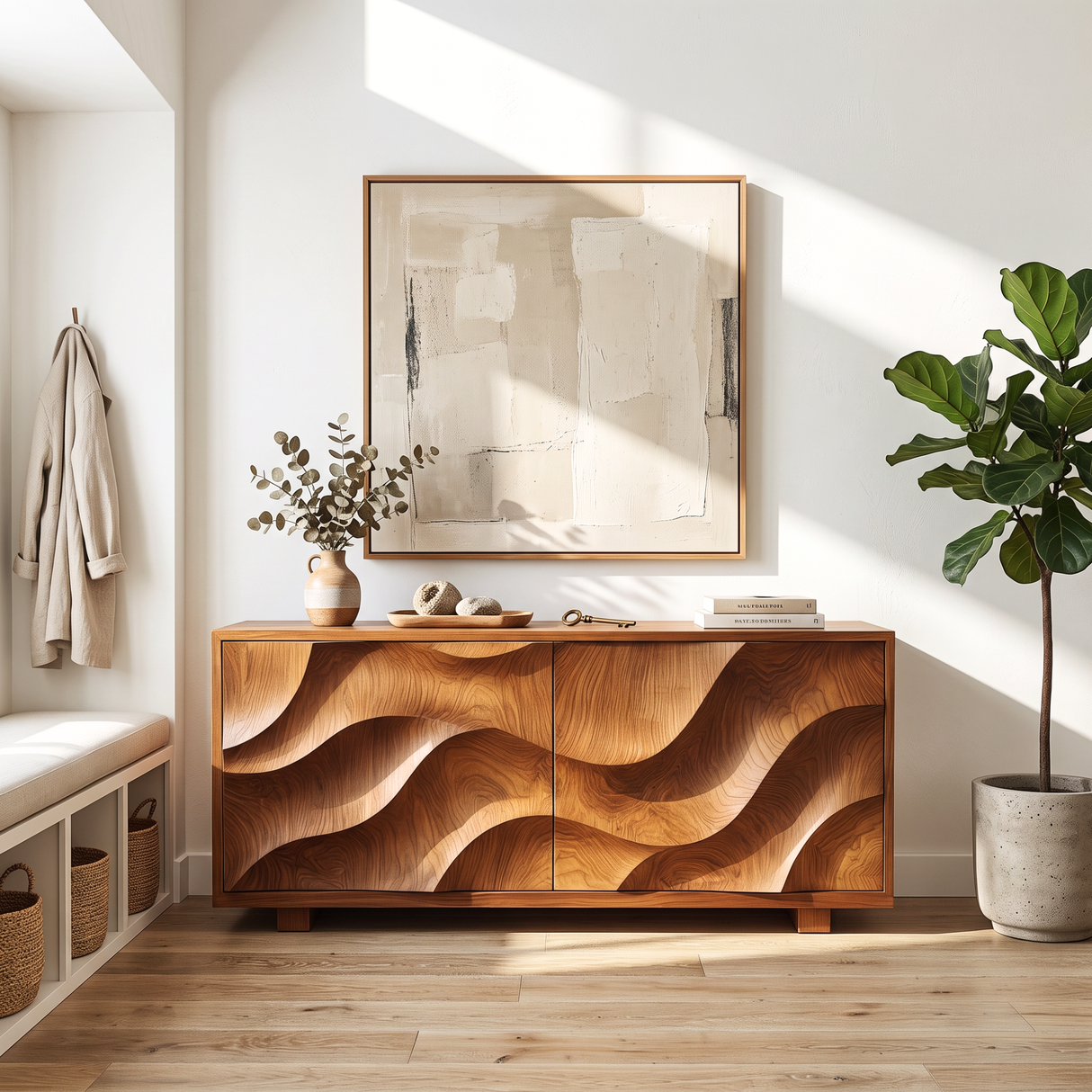 Sideboard Solid Wood with Sculptural Flowing Relief Doors for Living Room Decor