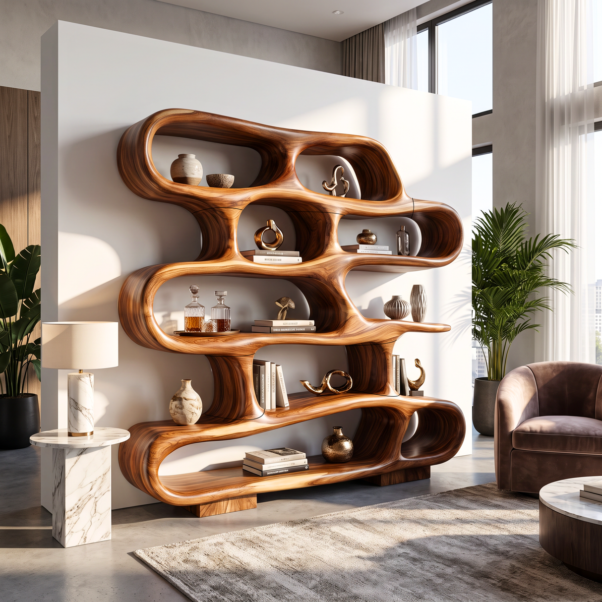 Bookshelf Solid Wood with Sculptural Freeform Loop Shelves for Living Room Display