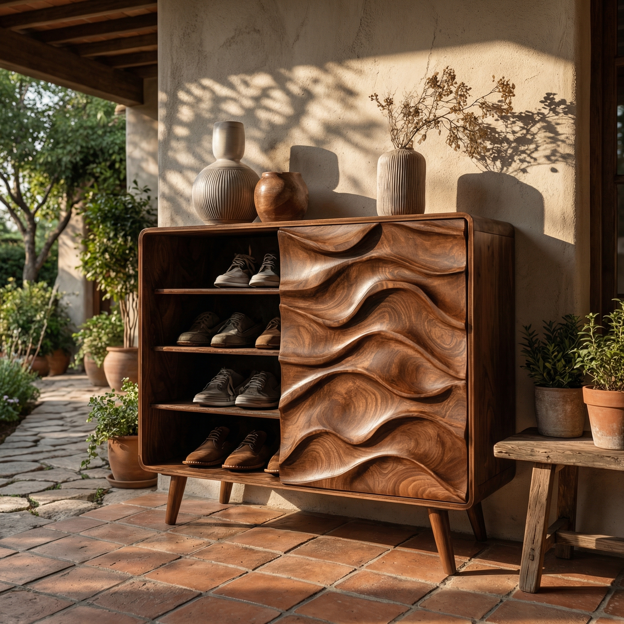 Handcrafted Solid Wood Shoe Cabinet with Wave Carved Sliding Door for Entryway