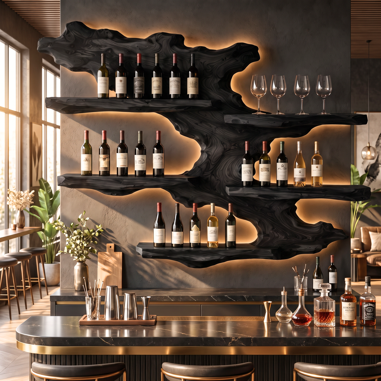 Wall Mounted Wine Rack Solid Wood Layered Branch Shelves
