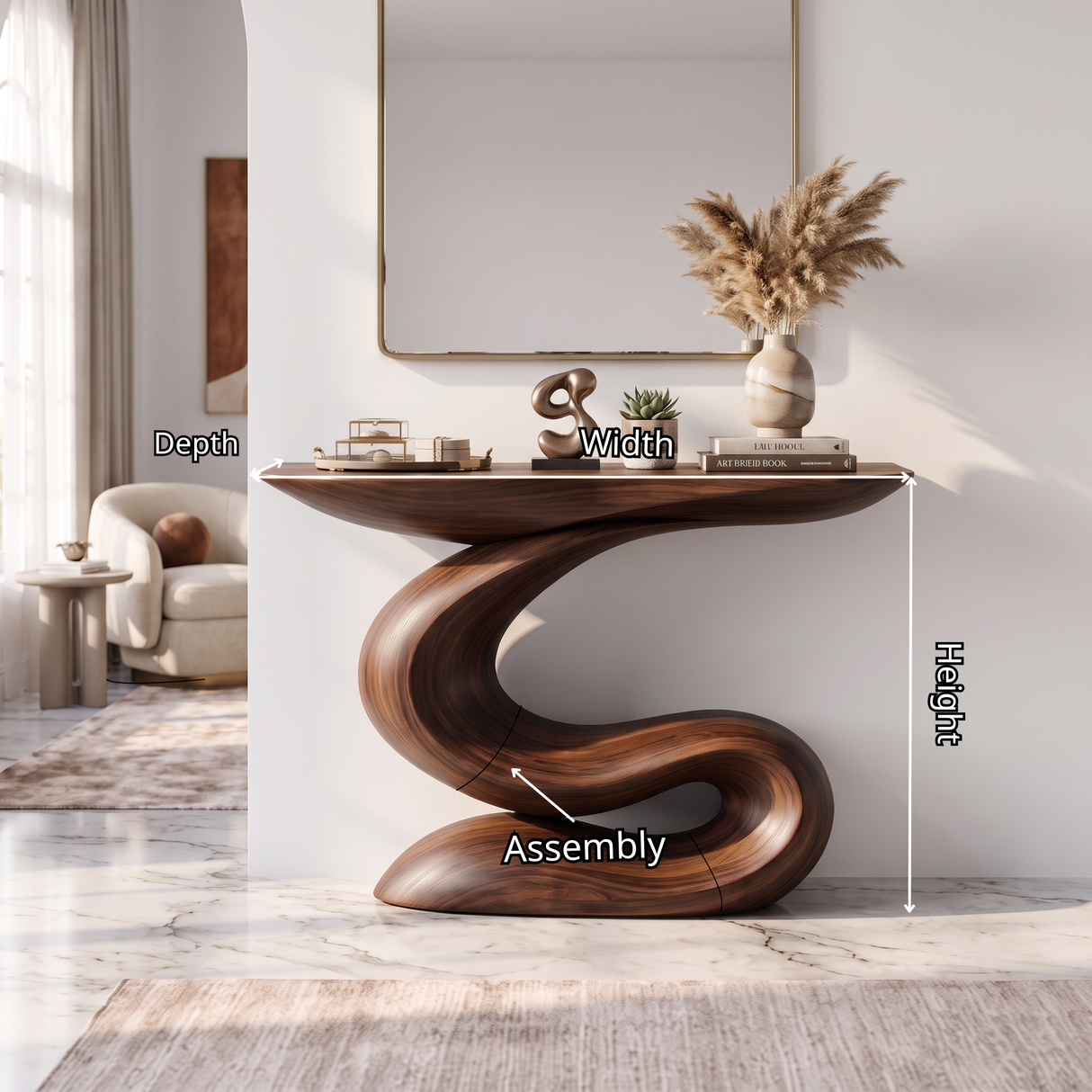 Console Table Solid Wood with Sculptural S Curve Base for Entryway Decor