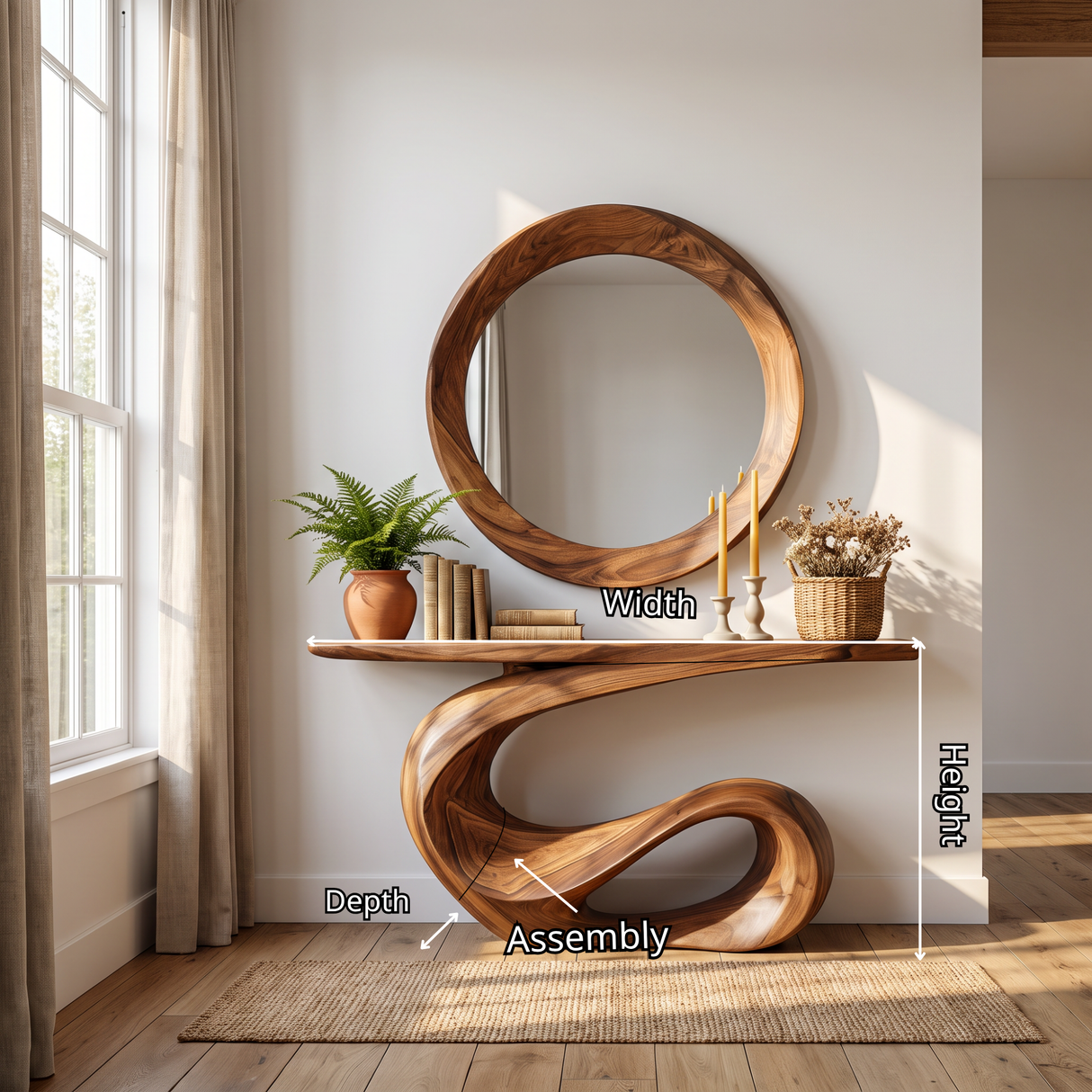Console Table Solid Wood with Sculptural Loop Wave Base for Entryway Decor