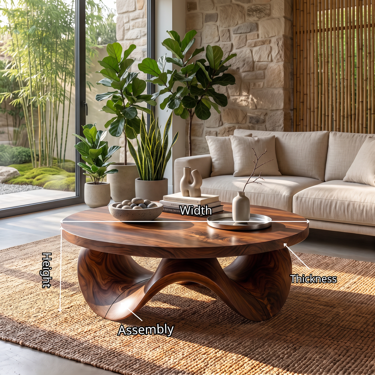 Coffee Table Solid Wood with Sculptural Petal Wave Base