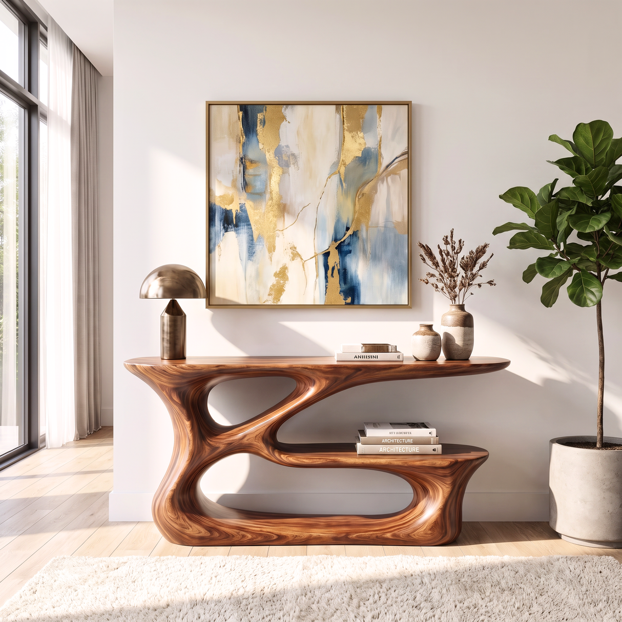 Console Table Solid Wood with Sculptural Tiered Loop Base