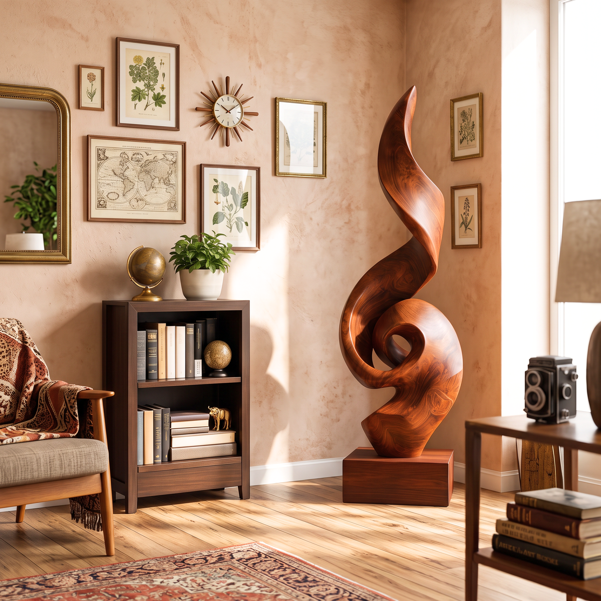 Tall Solid Wood Spiral Flame Sculpture with Plinth for Modern Interiors