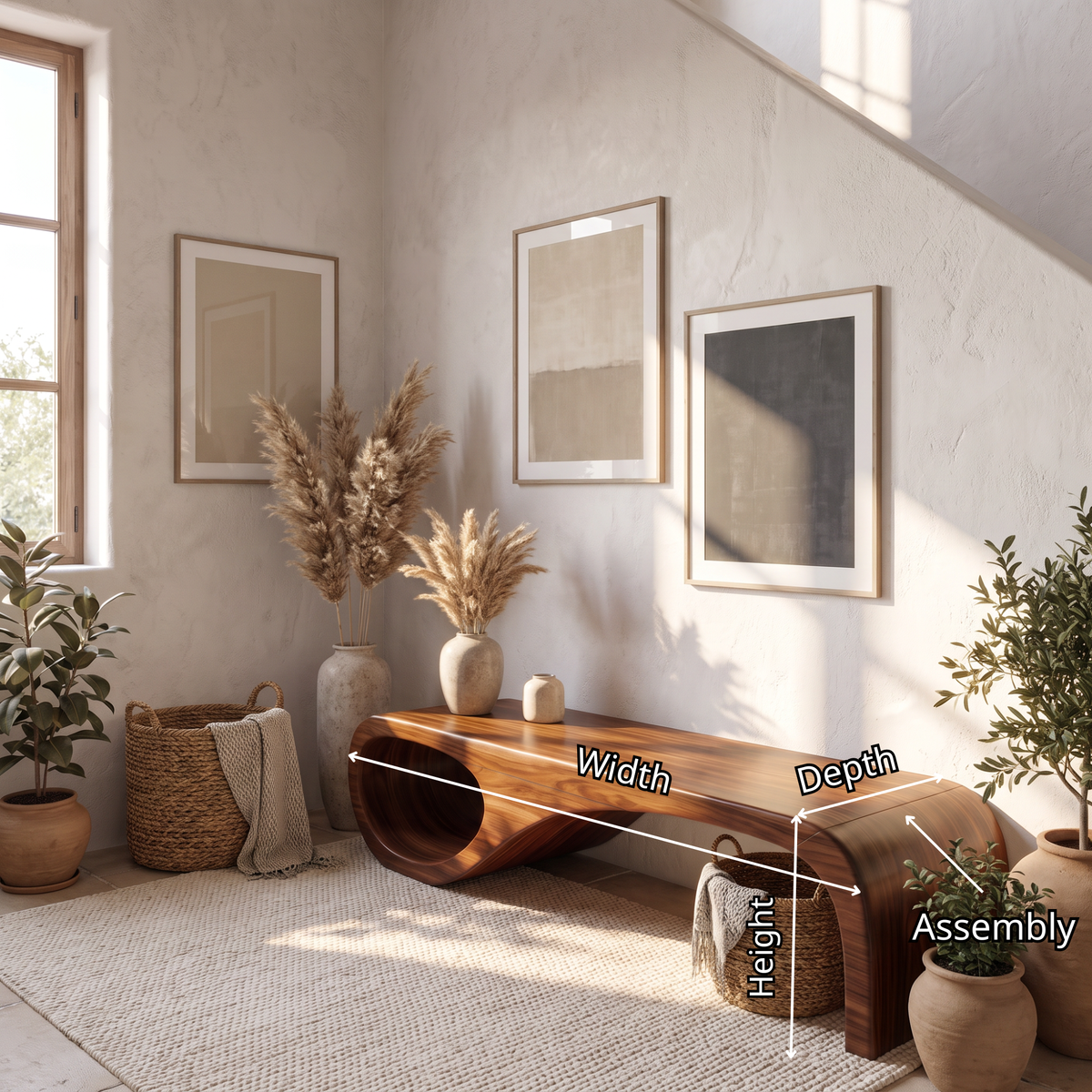 Organic Wood Bench with Sculptural Loop Base for Modern Mediterranean Interiors