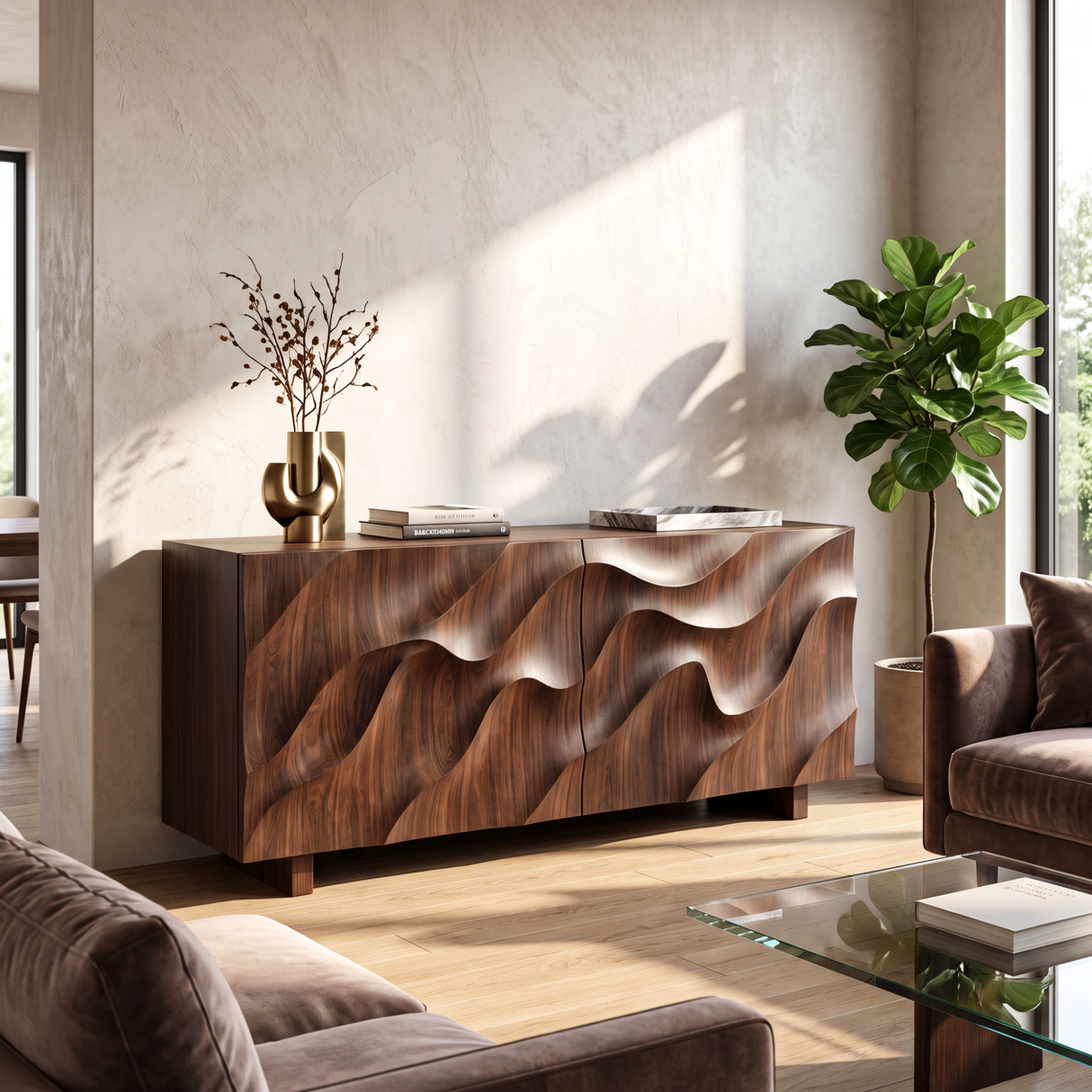 Sideboard Solid Wood with Sculptural Ripple Carved Front