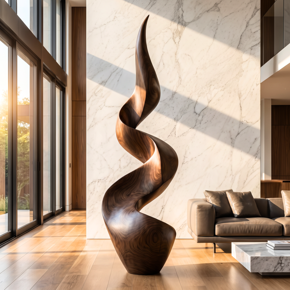 Tall Sculptural Solid Wood Spiral Floor Art for Modern Interiors