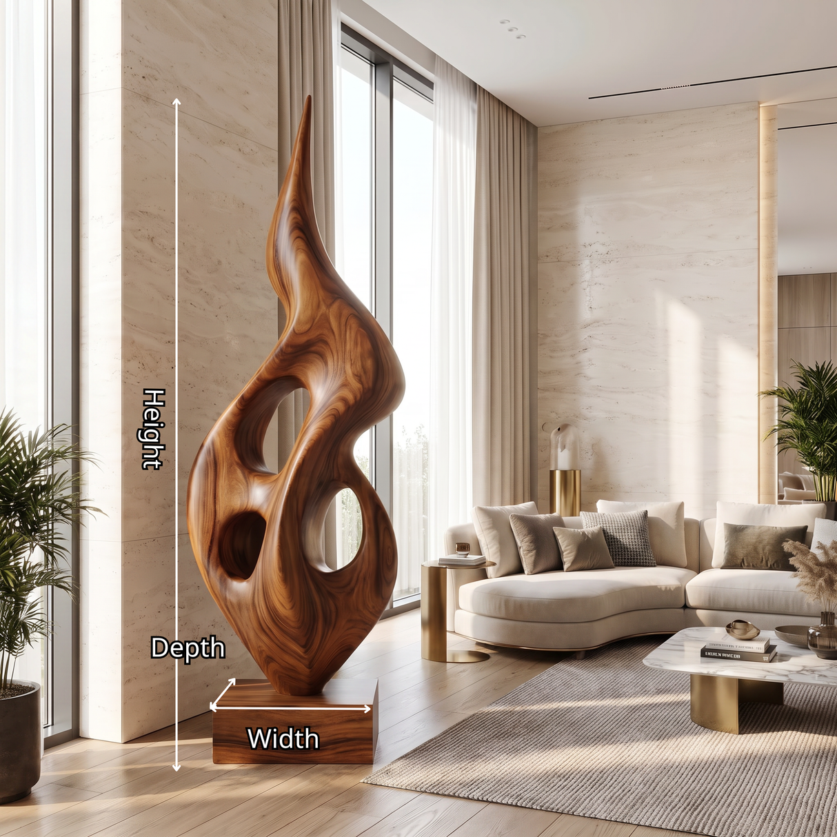 Tall Openwork Solid Wood Flame Sculpture with Plinth for Modern Living Rooms
