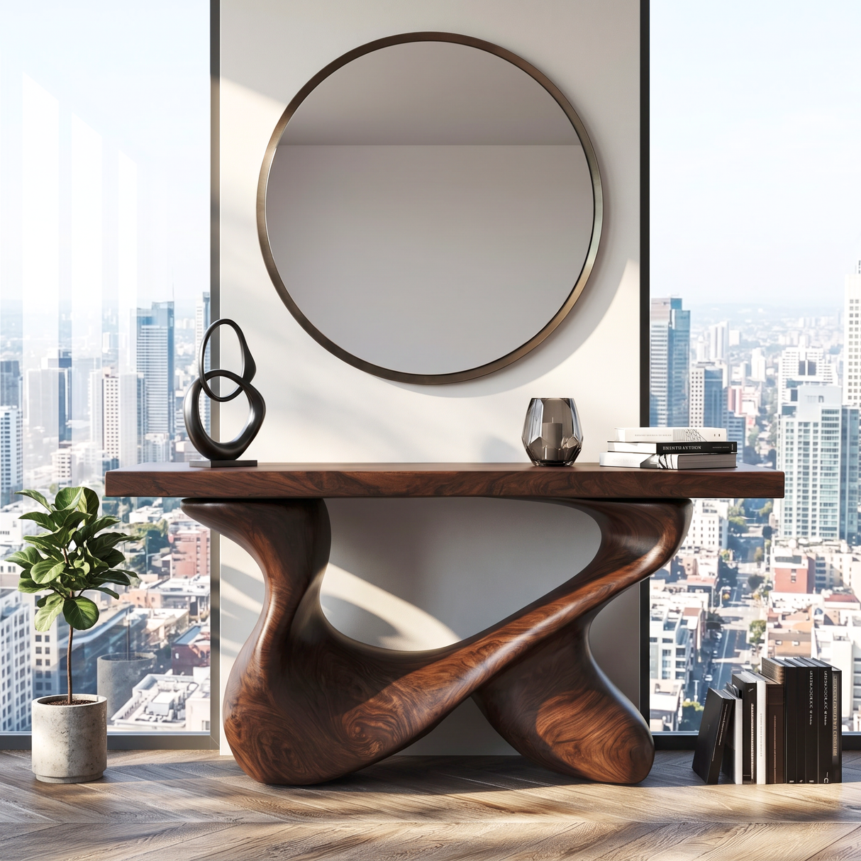 Console Table Solid Wood with Interlocking Loop Base for Entryway Decor