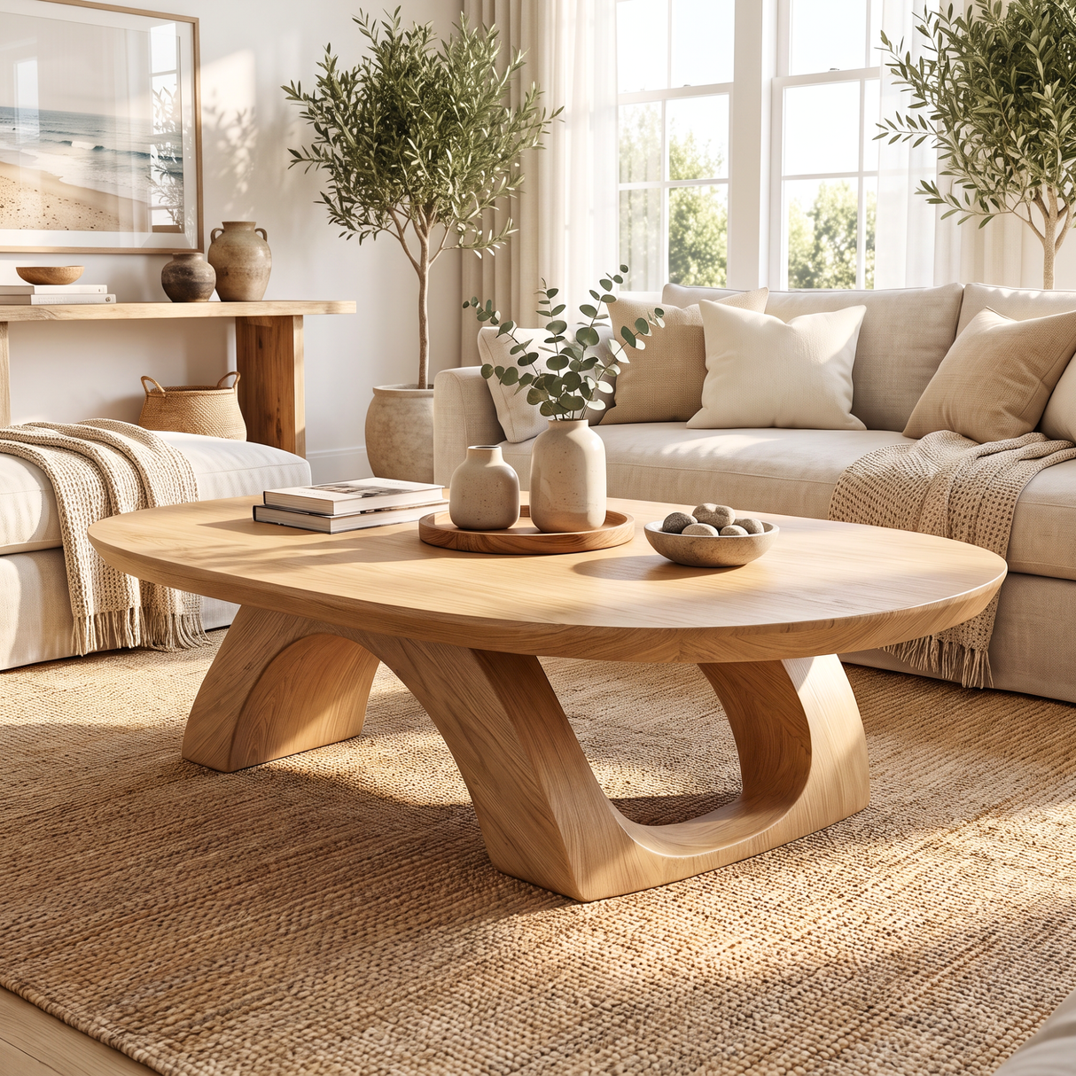 Coffee Table Solid Wood with Sculptural Twin Arch Base