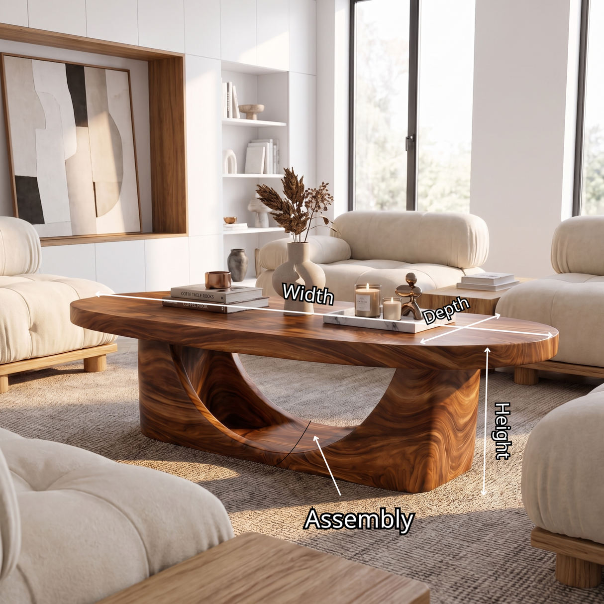 Coffee Table Solid Wood with Sculptural Crescent Loop Base
