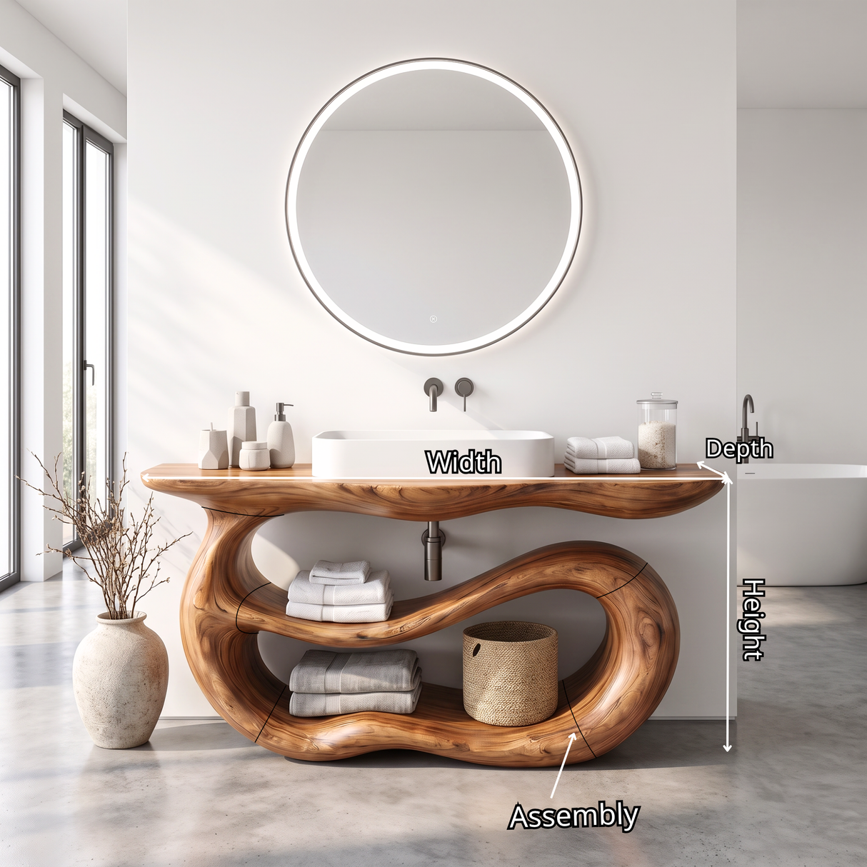 Bathroom Vanity Solid Wood with Sculptural Double Loop Base and Open Shelf Storage