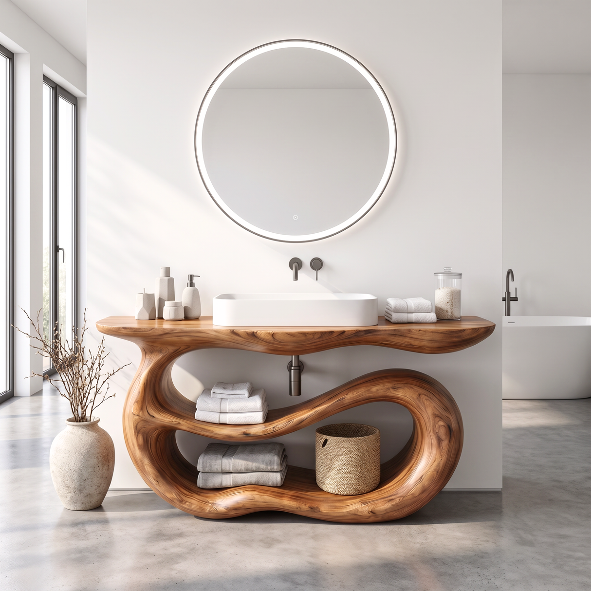 Bathroom Vanity Solid Wood with Sculptural Double Loop Base and Open Shelf Storage