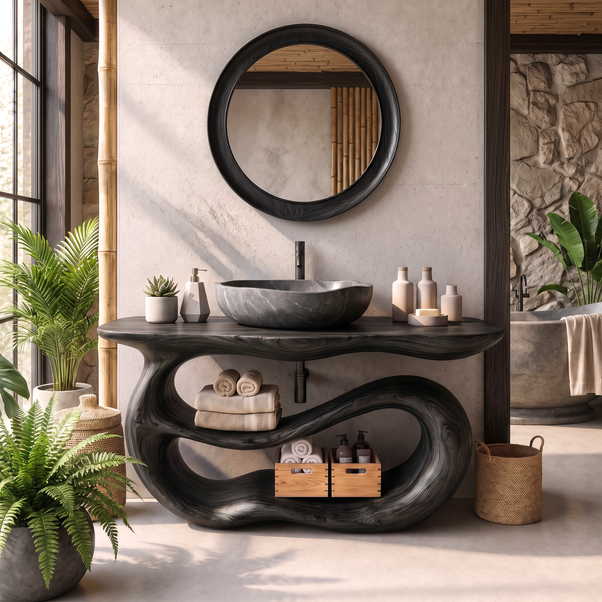 Bathroom Vanity Solid Wood with Sculptural Double Loop Base and Open Shelf Storage