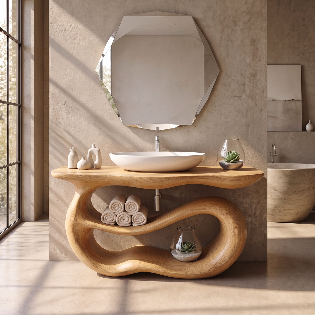 Bathroom Vanity Solid Wood with Sculptural Double Loop Base and Open Shelf Storage