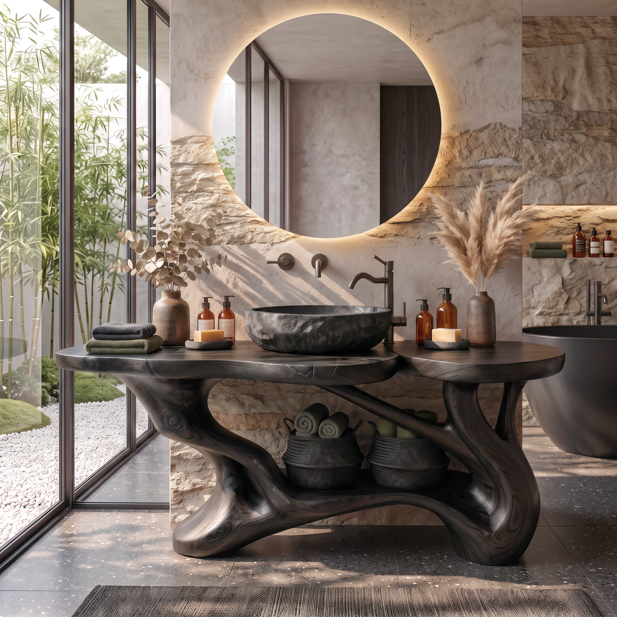Bathroom Vanity Solid Wood with Sculptural Branch Frame and Open Shelf Storage
