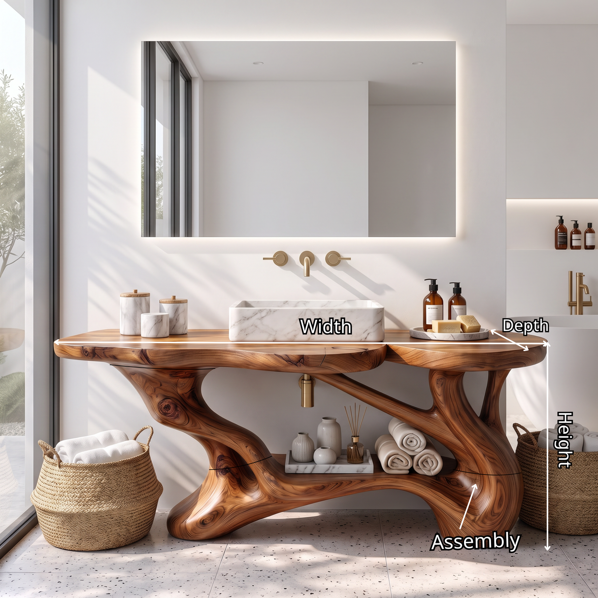 Bathroom Vanity Solid Wood with Sculptural Branch Frame and Open Shelf Storage