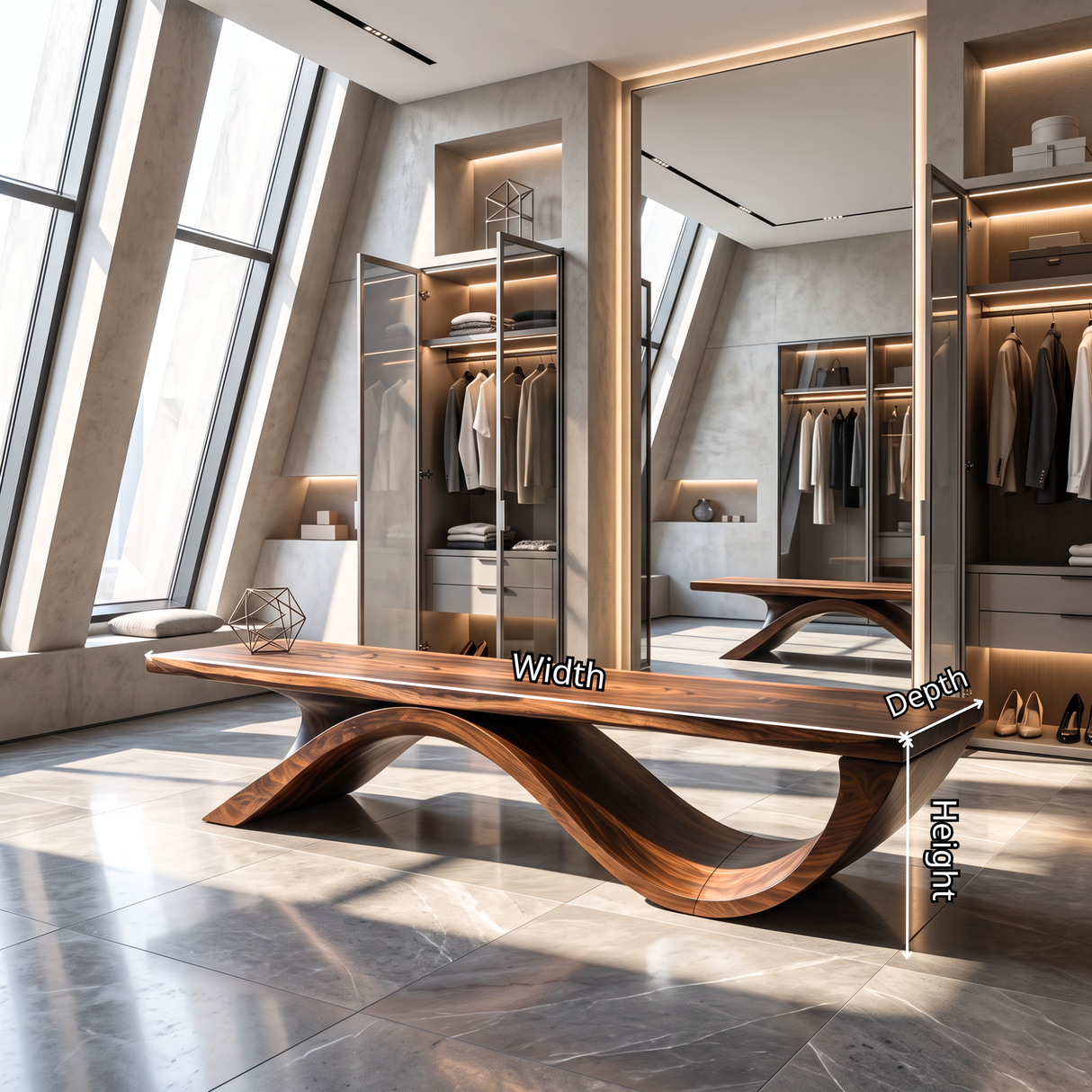 Bench Solid Wood with Sculptural Ribbon Wave Base