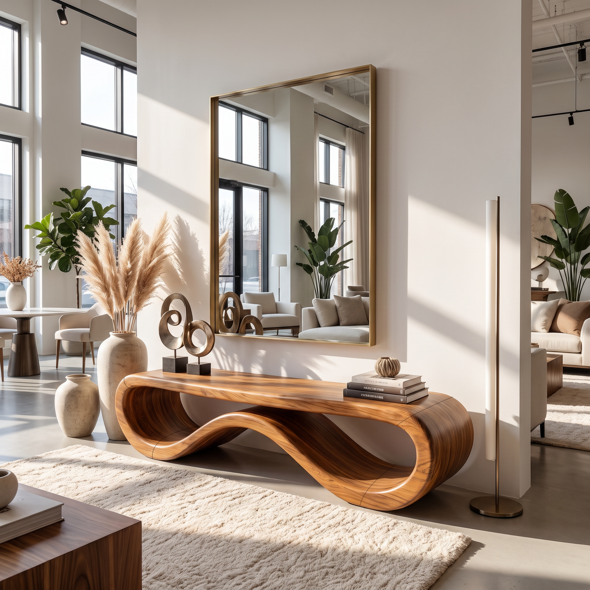 Bench Solid Wood with Sculptural Infinity Loop Base for Entryway Seating