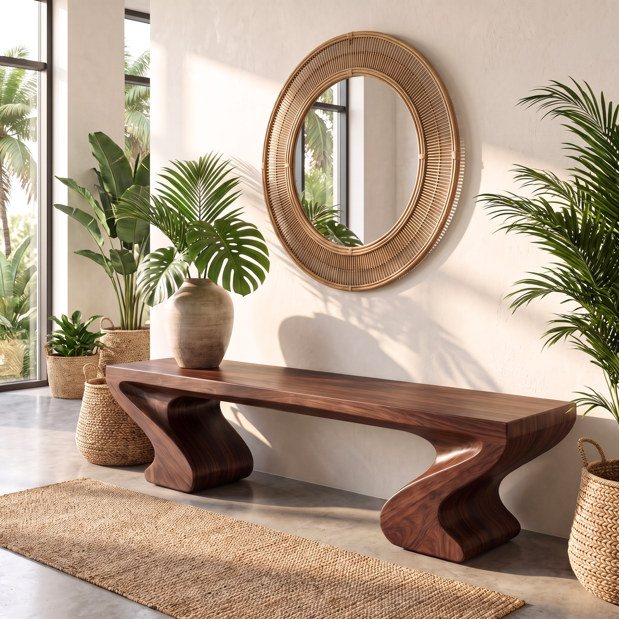 Bench Solid Wood with Twin Sculptural Curve Legs