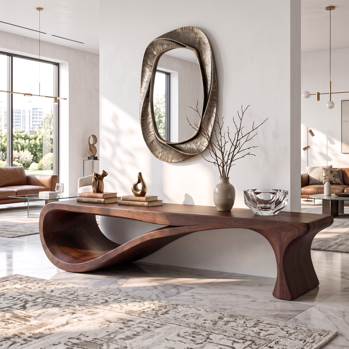 Bench Solid Wood with Sculptural Infinity Loop Base