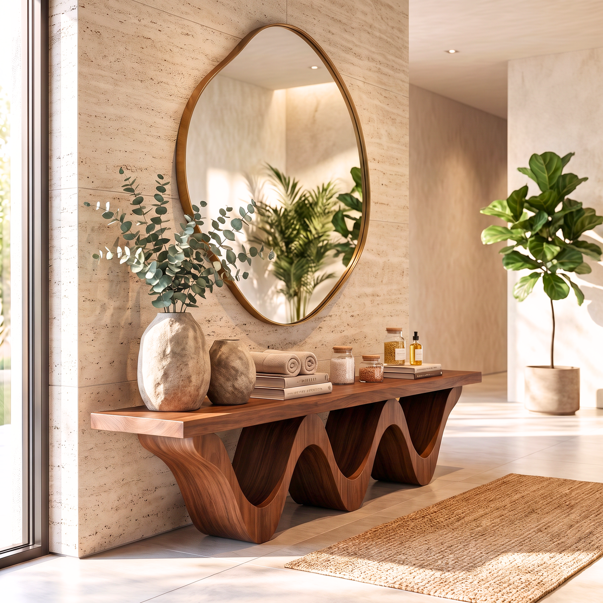 Bench Solid Wood with Sculptural Triple Wave Base