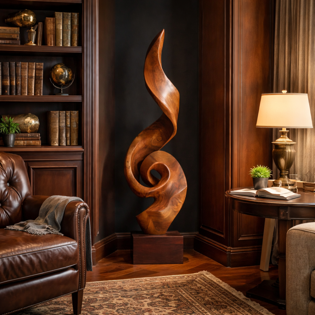 Tall Solid Wood Spiral Flame Sculpture with Plinth for Modern Interiors