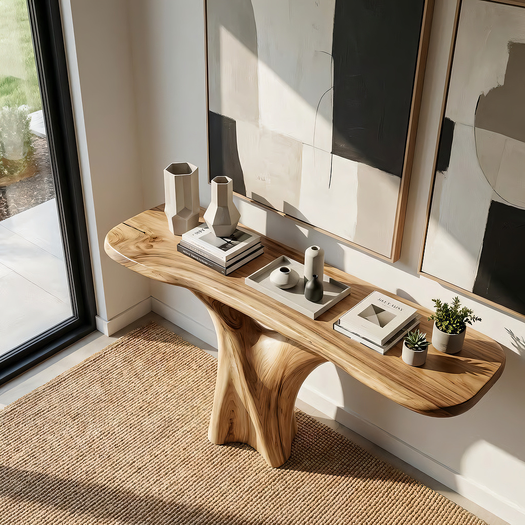 Organic Solid Wood Console Table with Sculpted Pedestal Base