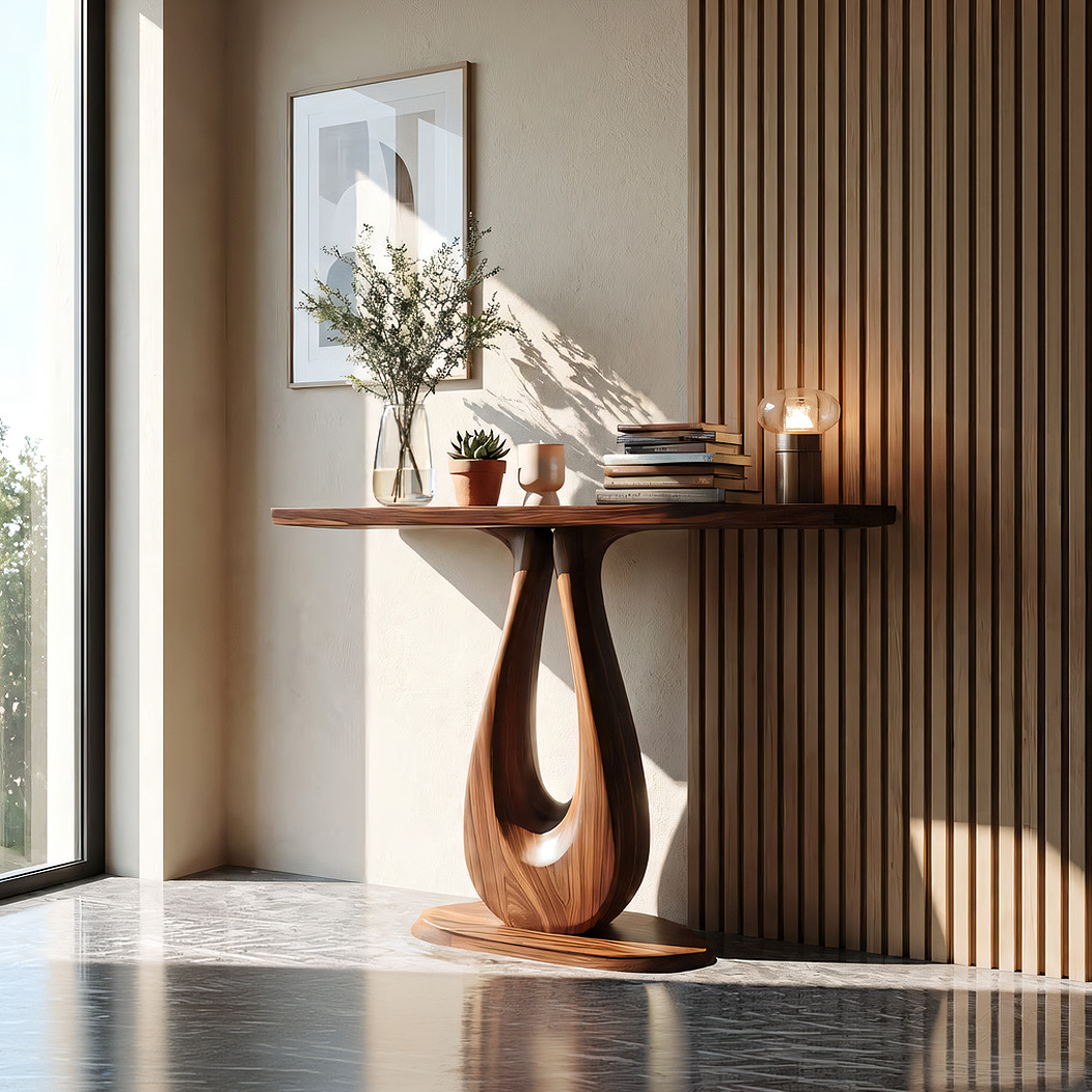 Sculptural Solid Wood Console Table with U-Shaped Pedestal Base