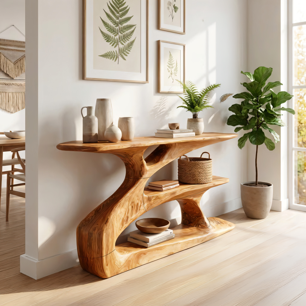 Sculptural Solid Wood Console with Integrated Shelf