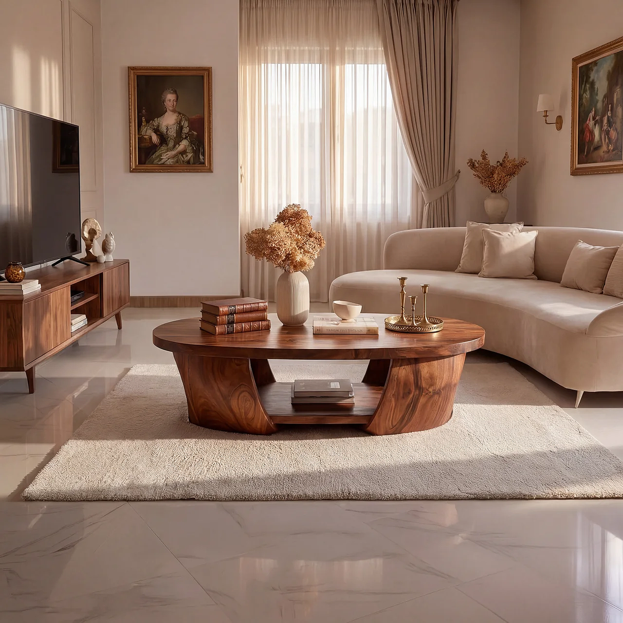 Solid Wood Oval Coffee Table with Sculptural Base