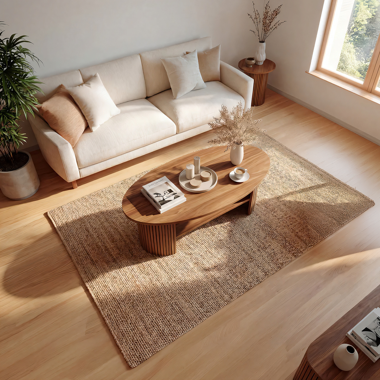 Oval Solid Wood Coffee Table with Fluted Base