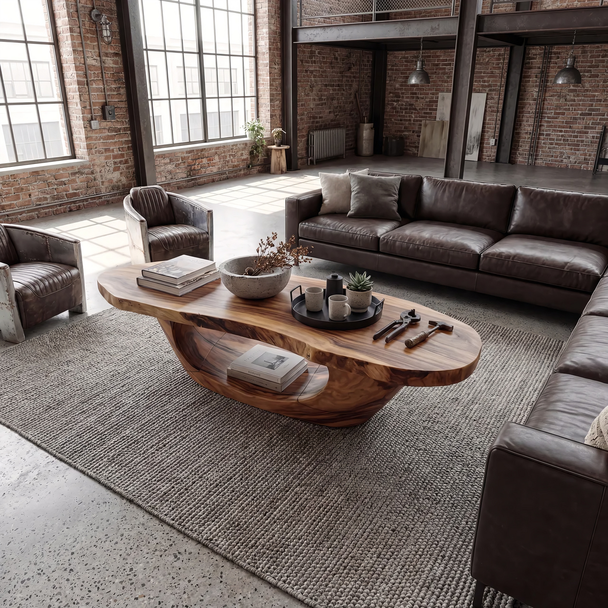 Live Edge Oval Wood Coffee Table with Sculpted Base