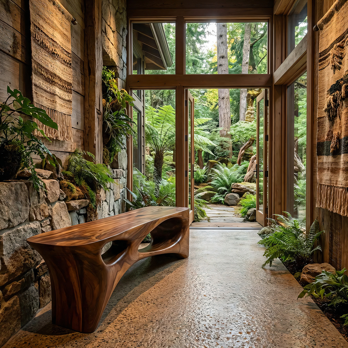 Abstract Sculptural Solid Wood Bench with Organic Cut-Out Design