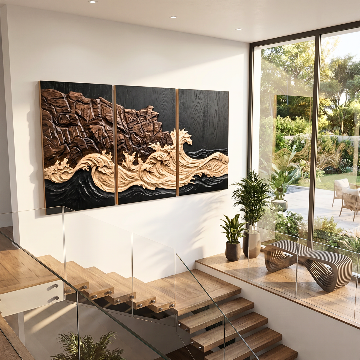 Carved Wood Coastal Triptych Wall Art with Layered Cliff Relief
