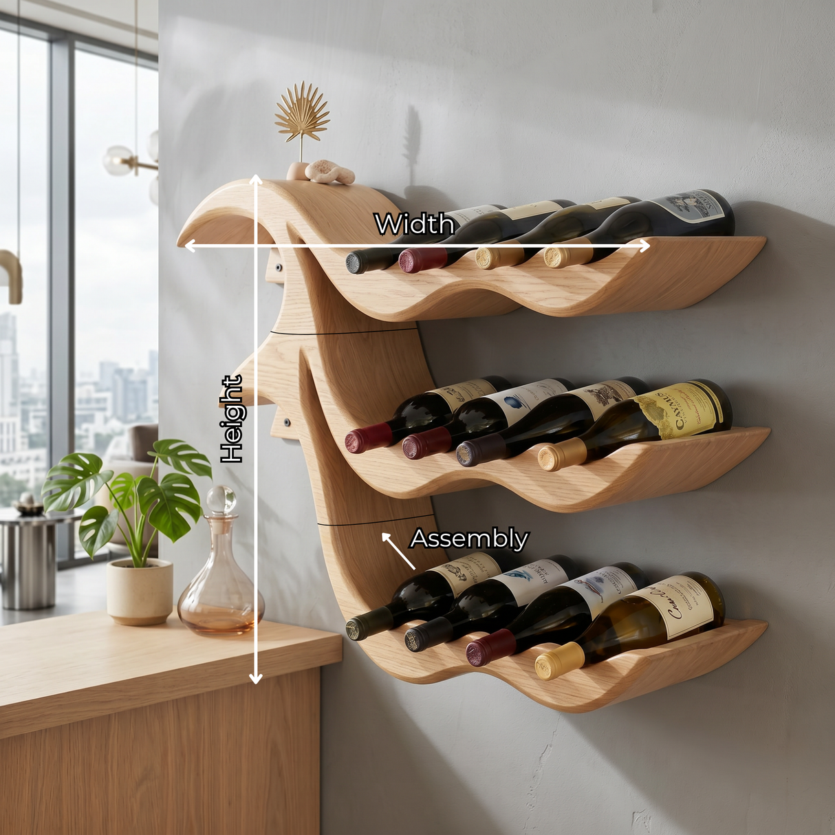Wall-Mounted Solid Wood Wave Wine Bottle Rack