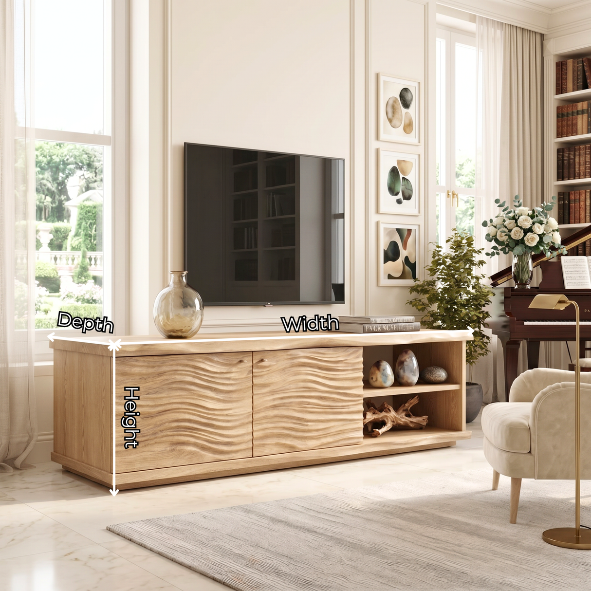 Organic Solid Wood TV Console with Wave Carved Doors and Open Shelves