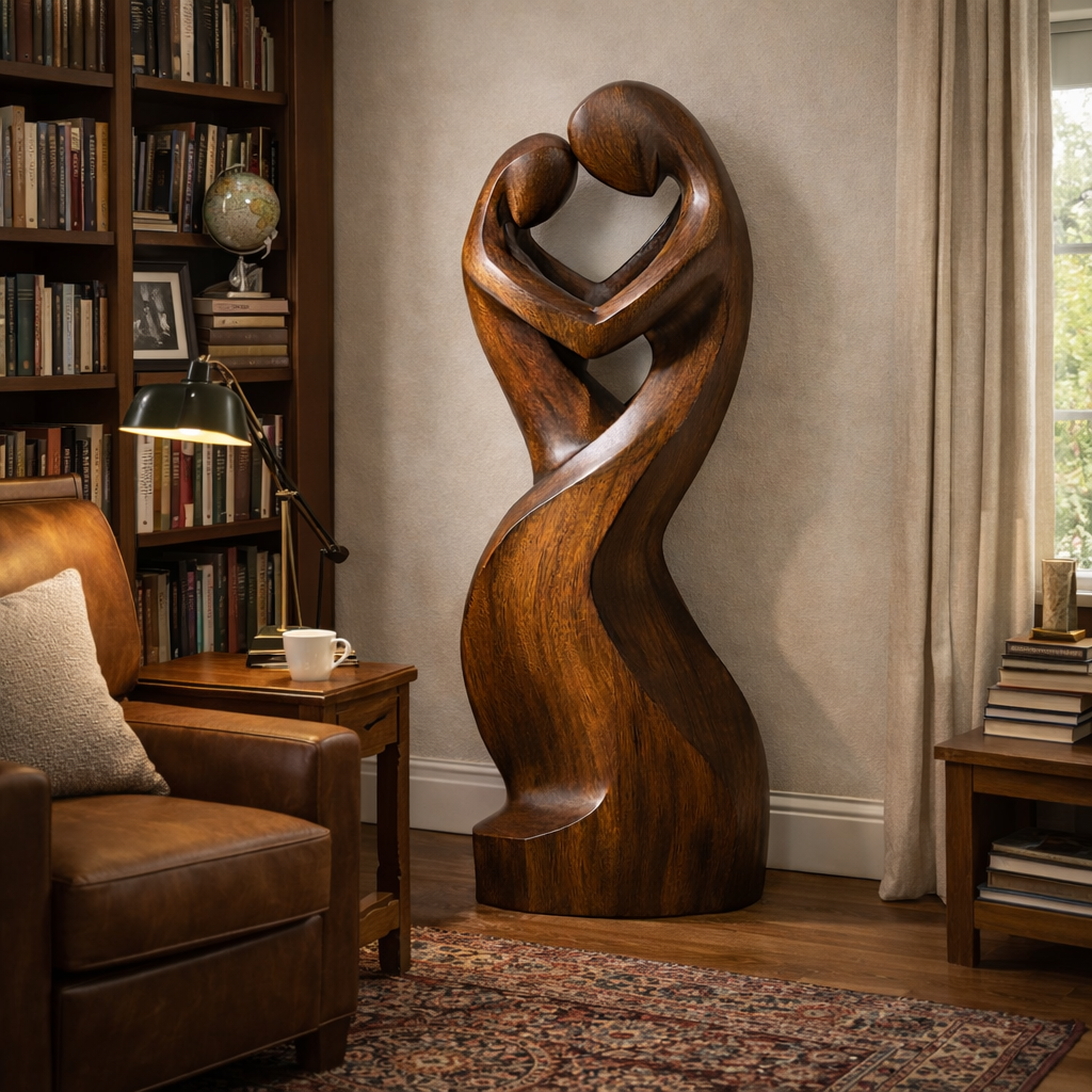 Large Solid Wood Abstract Embracing Figures Sculpture for Modern Interiors